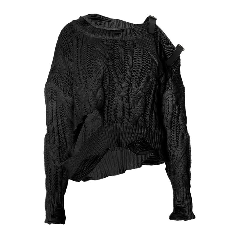 Long sleeve buckle knitted hollow out cut out top  | Festival Outfits Women-final-sale