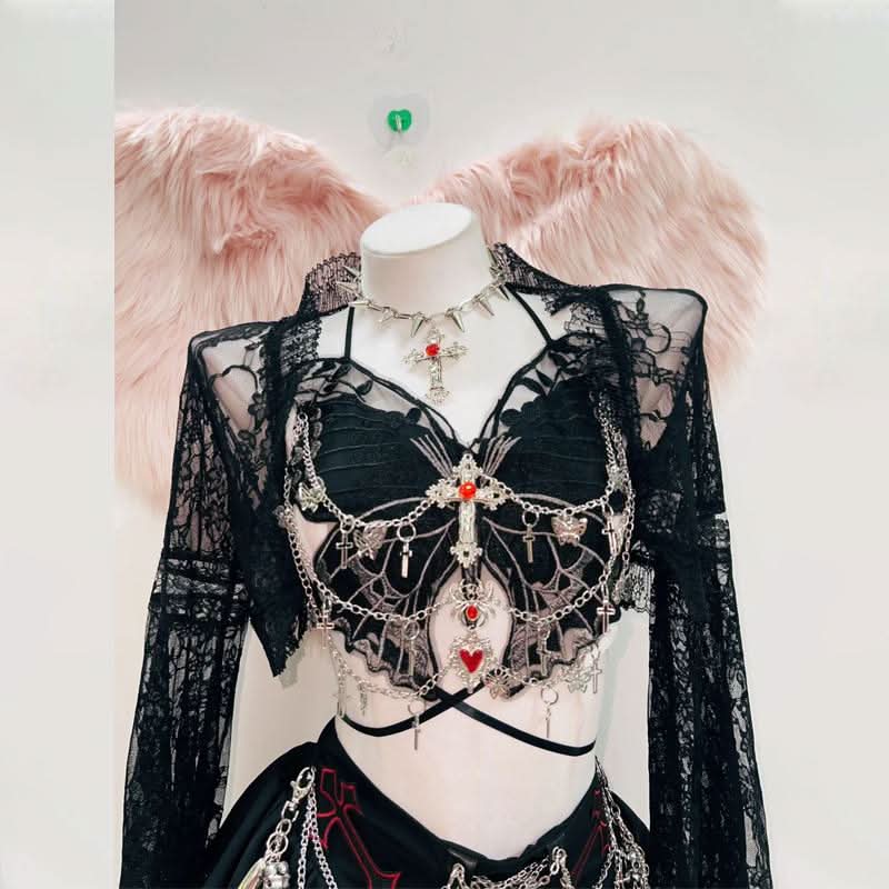 Long sleeve lace butterfly pattern metal chain top  | Festival Outfits Women