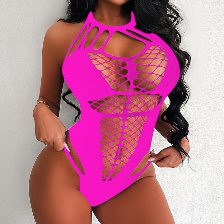 Halter self tie fishnet patchwork backless bodysuit  | Festival Outfits Women