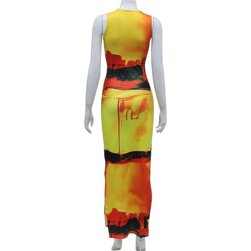 Crewneck sleeveless contrast print slit maxi dress-final-sale  | Festival Outfits Women
