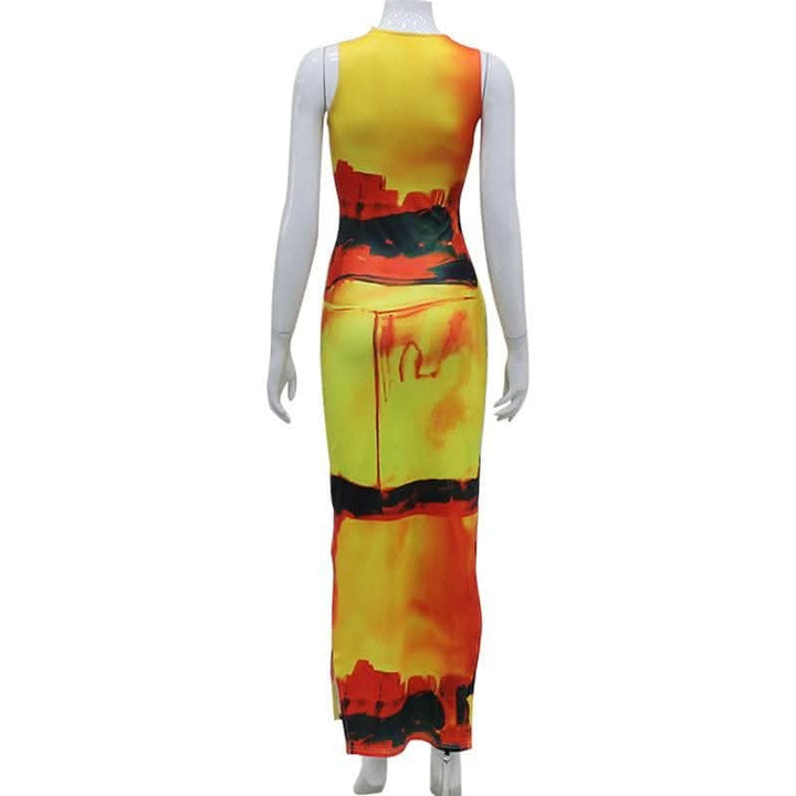 Crewneck sleeveless contrast print slit maxi dress-final-sale  | Festival Outfits Women