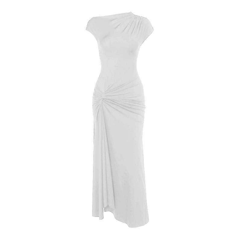 Short sleeve ruched self tie high slit maxi dress  | Festival Outfits Women