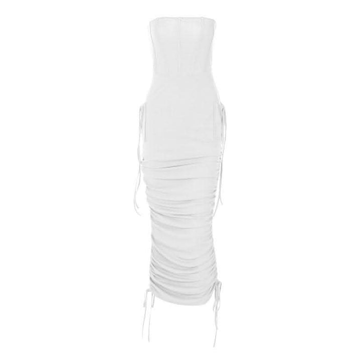 Ruched backless solid drawstring tube midi dress-final-sale  | Festival Outfits Women