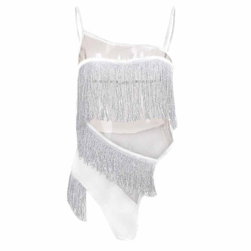 Irregular mesh see through tassels contrast backless cami bodysuit-final-sale  | Festival Outfits Women