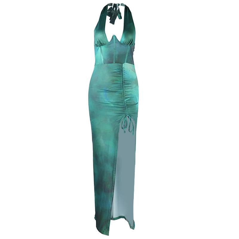 Halter corset deep v neck drawstring ruched slit maxi dress  | Festival Outfits Women