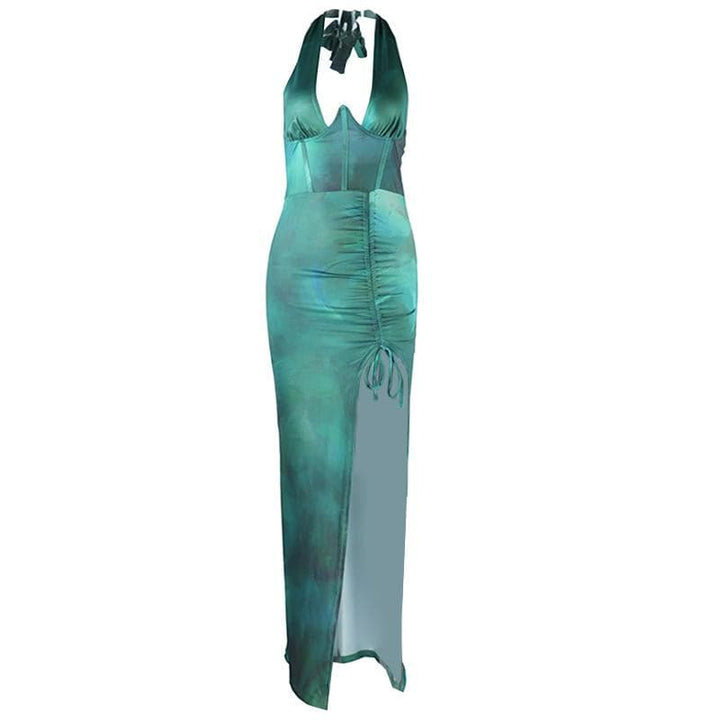 Halter corset deep v neck drawstring ruched slit maxi dress  | Festival Outfits Women