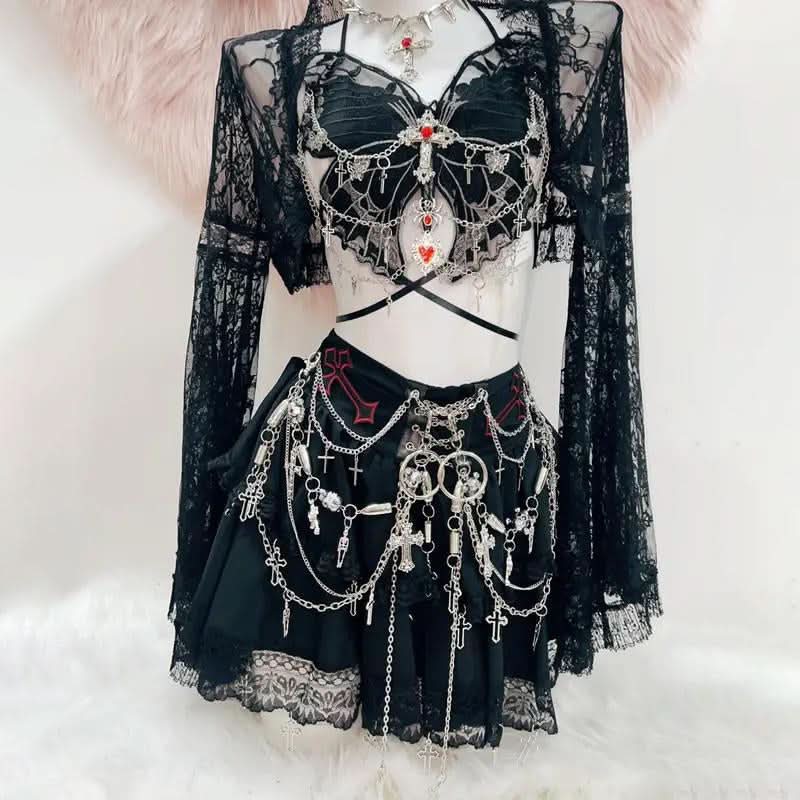 Long sleeve lace butterfly pattern metal chain top  | Festival Outfits Women