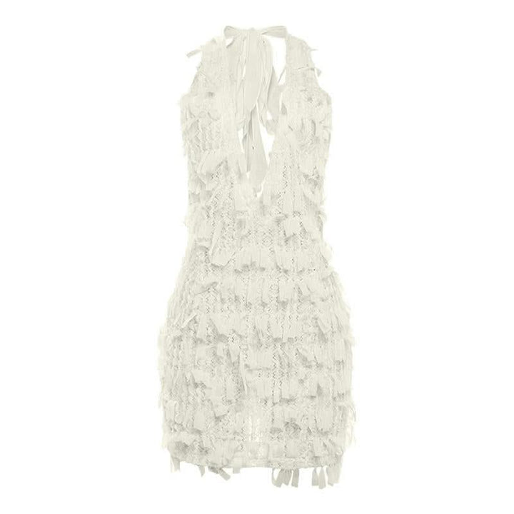 Deep V neck halter self tie backless zip-up mini dress  | Festival Outfits Women