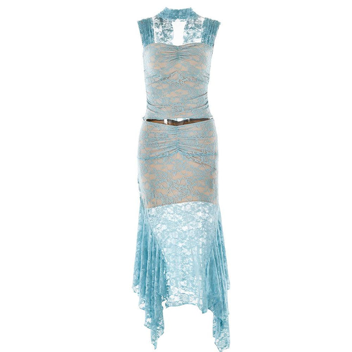 Cap sleeve lace ruffle ruched midi skirt set- Final Sale  | Festival Outfits Women