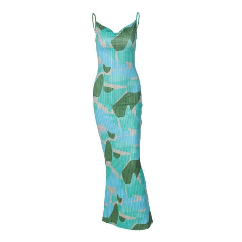 Backless cowl neck v neck contrast print cami maxi dress-final-sale  | Festival Outfits Women