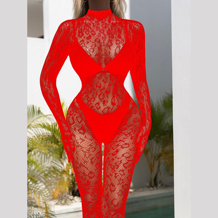 Long sleeve leopard high neck backless bodystocking  | Festival Outfits Women