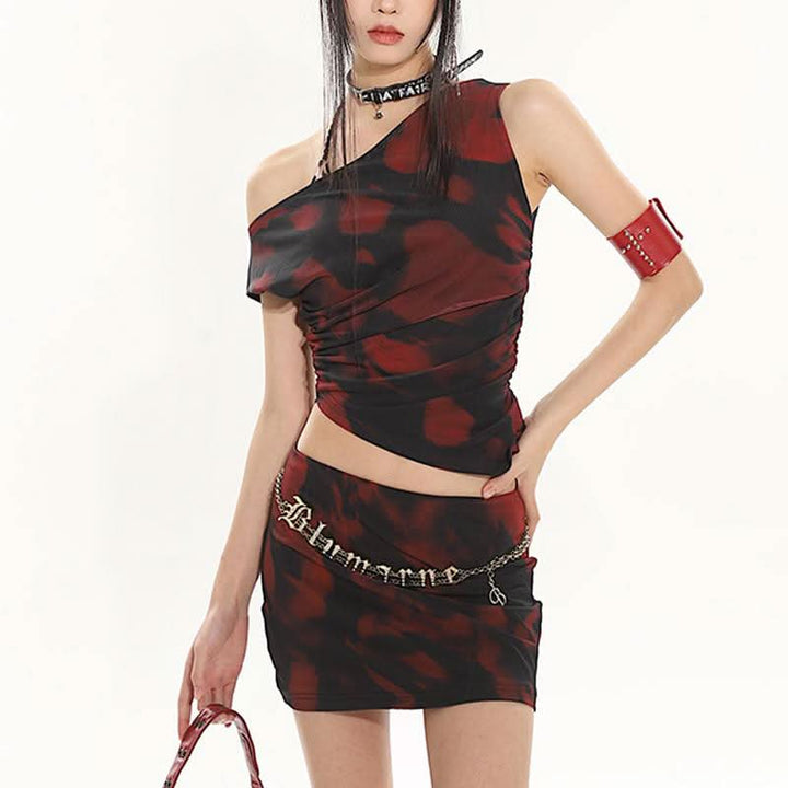 Irregular print ruched one shoulder contrast top  | Festival Outfits Women