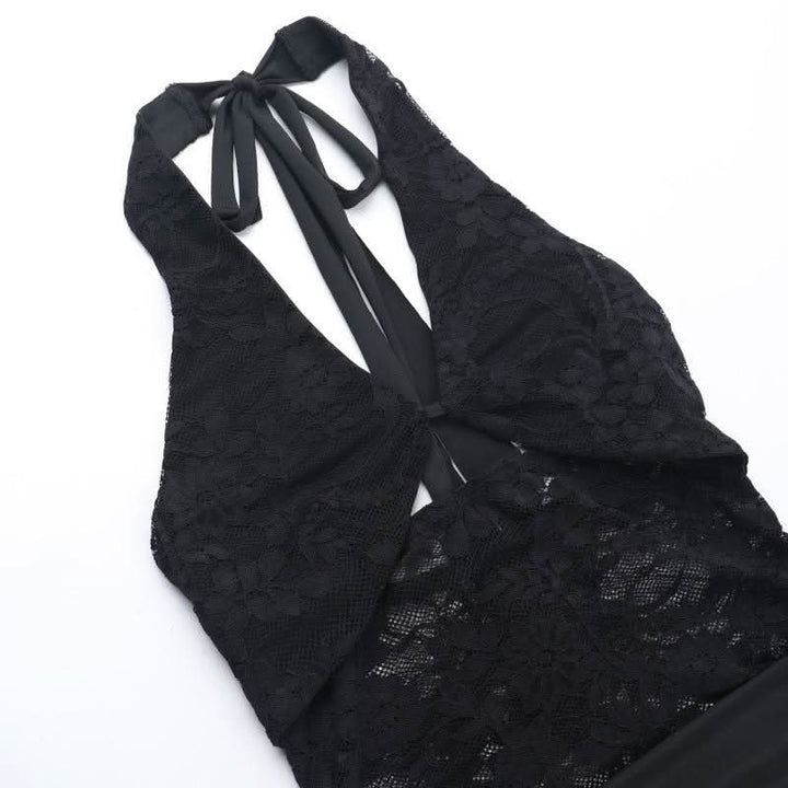 Halter self tie hollow out lace ruched cut out mini dress  | Festival Outfits Women