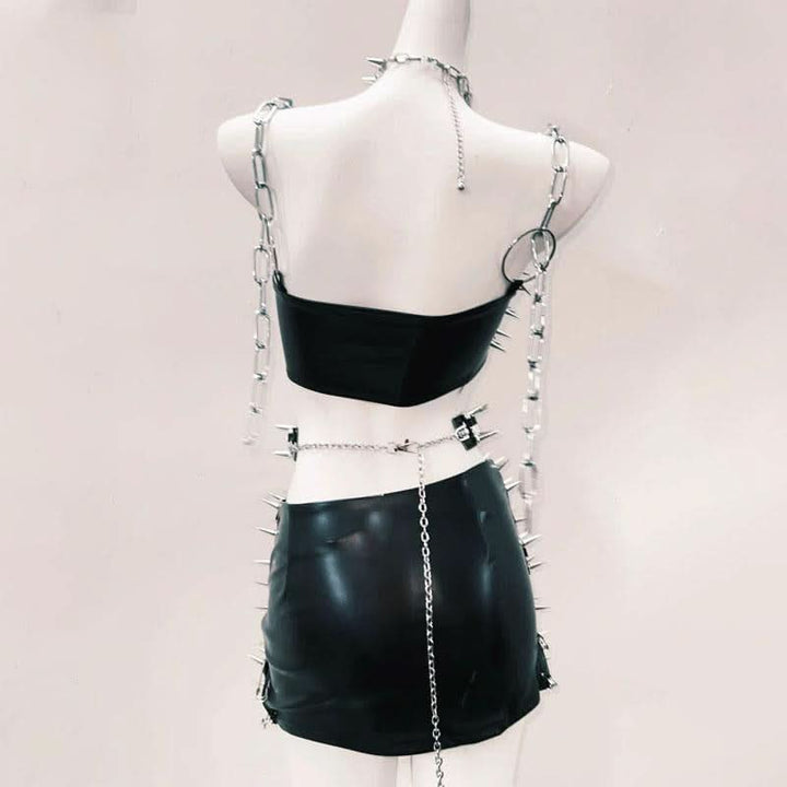 O ring rivet applique PU leather metal chain mini skirt set Cargo Mini Skirt  | Festival Outfits Women