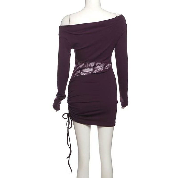 Long sleeve off shoulder ruched drawstring lace mini dress  | Festival Outfits Women