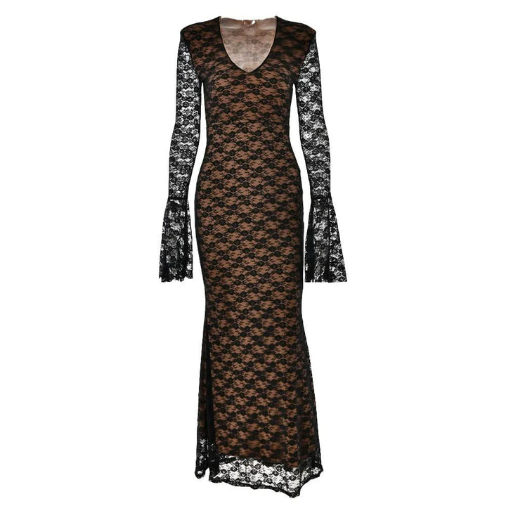 Long flared sleeve lace v neck patchwork maxi dress  | Festival Outfits Women