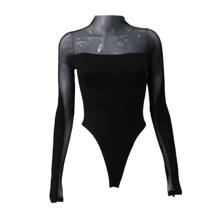 Long sleeve high neck mesh patchwork bodysuit  | Festival Outfits Women