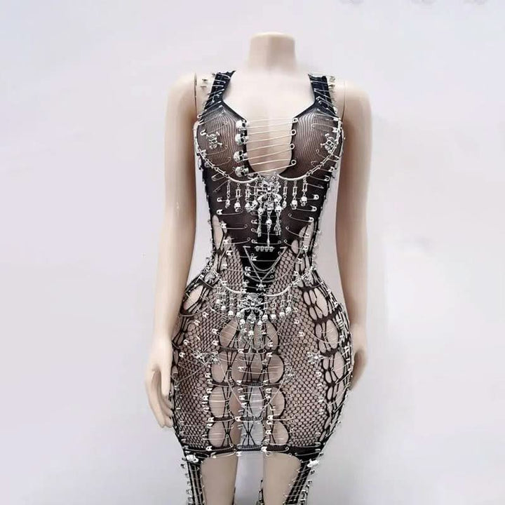 Skull fishnet metal chain suspender mini dress  | Festival Outfits Women