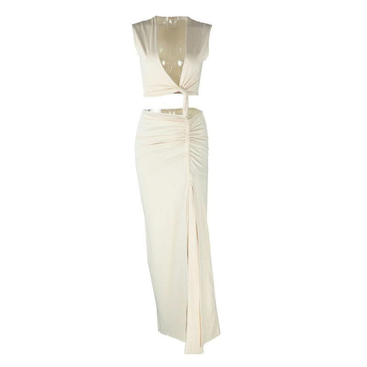 Irregular ruched slit hollow out v neck cut out maxi dress  | Festival Outfits Women