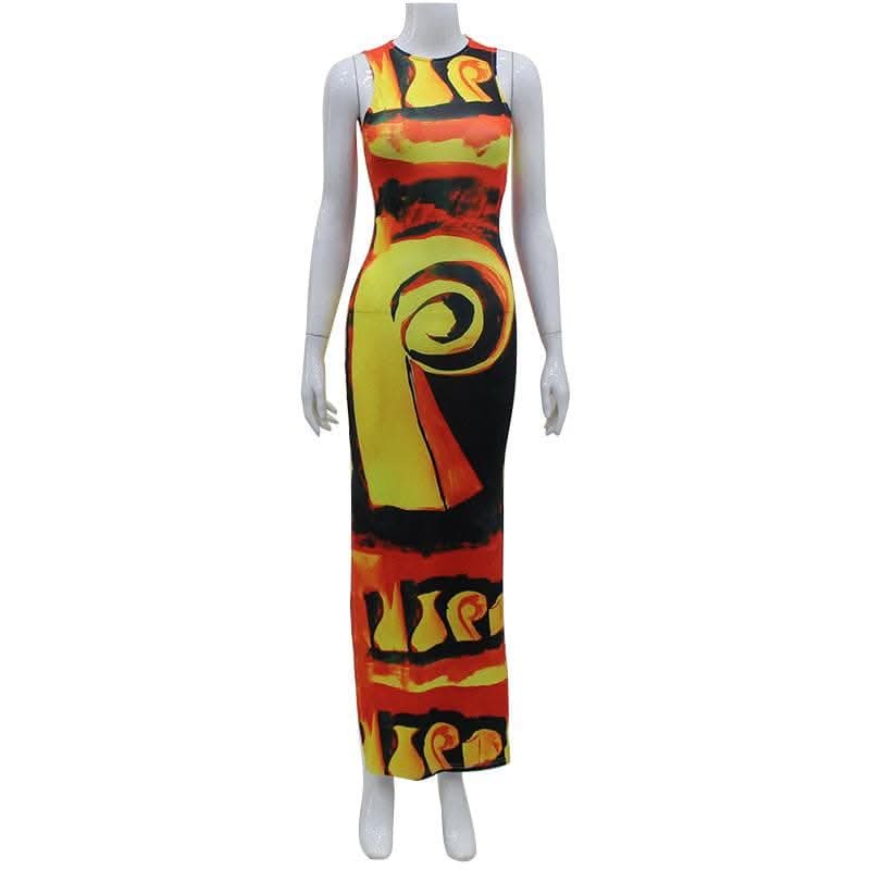 Crewneck sleeveless contrast print slit maxi dress-final-sale  | Festival Outfits Women