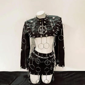 Long sleeve PU leather o ring rivet mini skirt set Cargo Mini Skirt  | Festival Outfits Women