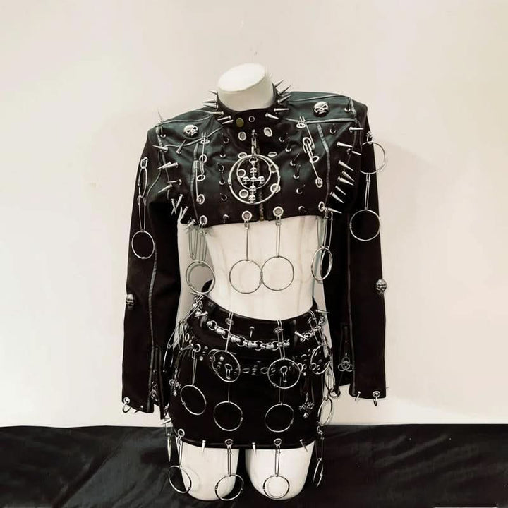 Long sleeve PU leather o ring rivet mini skirt set Cargo Mini Skirt  | Festival Outfits Women