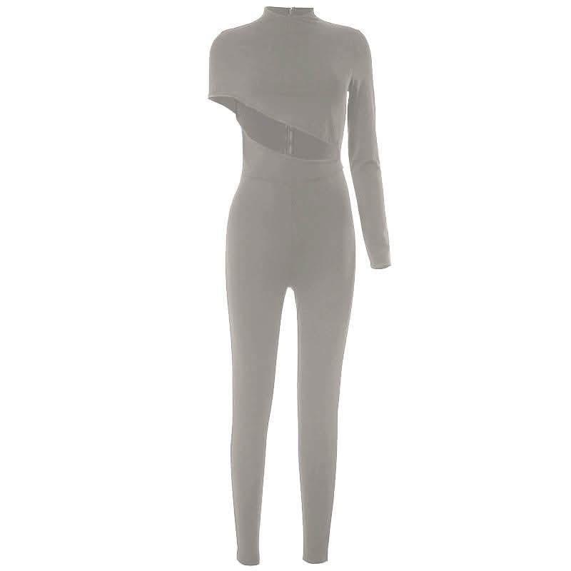 Hollow out irregular long sleeve high neck solid jumpsuit-final-sale  | Festival Outfits Women