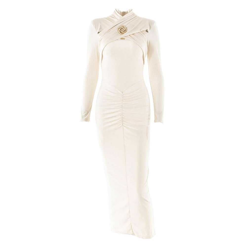 Hollow out long sleeve ruched slit solid cut out midi dress  | Festival Outfits Women