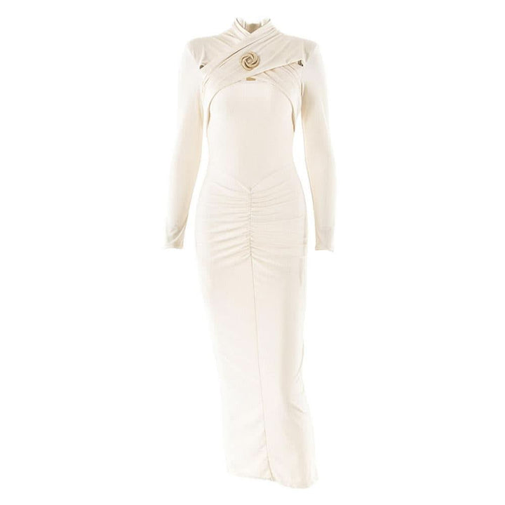 Hollow out long sleeve ruched slit solid cut out midi dress  | Festival Outfits Women