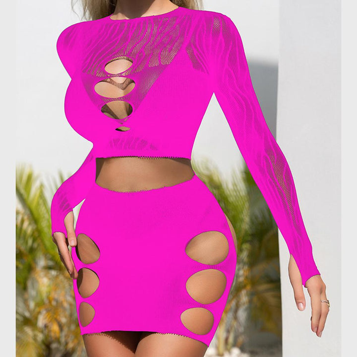 Long sleeve zebra sheer mesh mini skirt set  | Festival Outfits Women