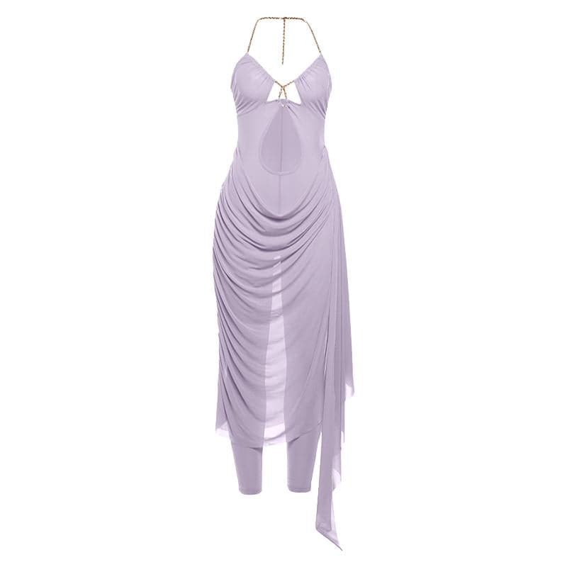 Metal chain halter ruched sheer mesh hollow out cut out maxi dress  | Festival Outfits Women