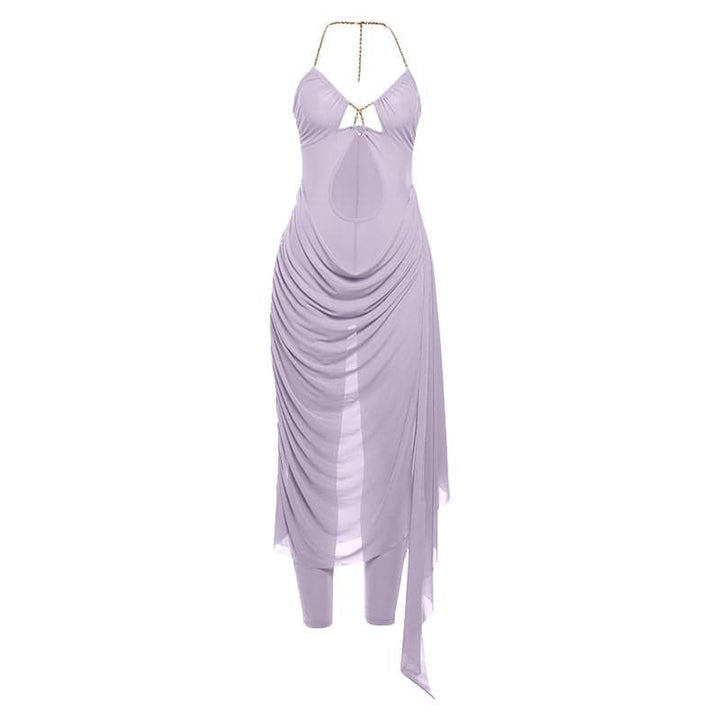 Metal chain halter ruched sheer mesh hollow out cut out maxi dress  | Festival Outfits Women