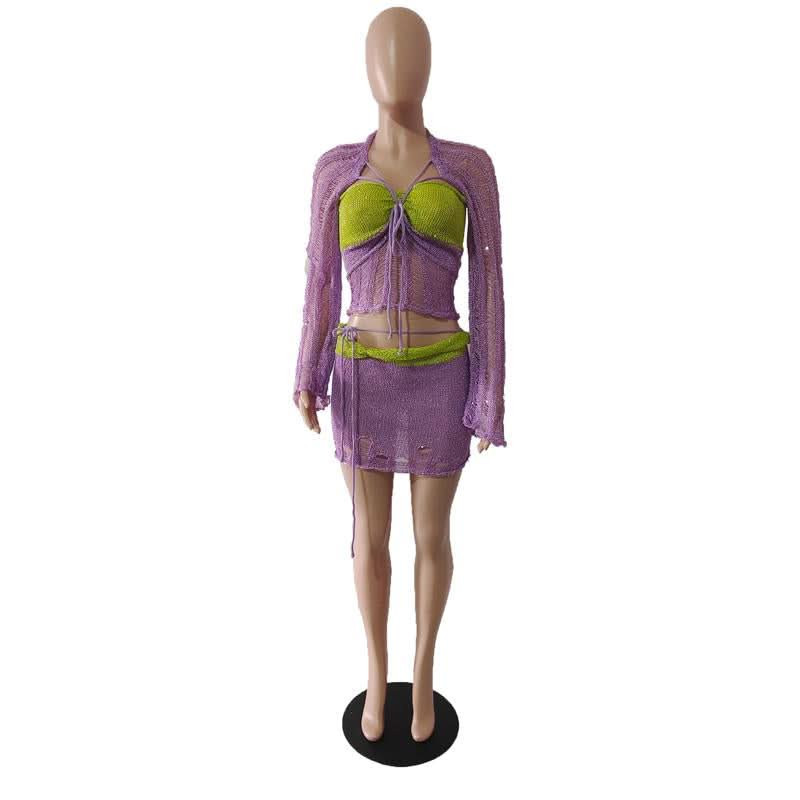 Glitter knitted long sleeve hollow out 3 piece mini skirt set  | Festival Outfits Women