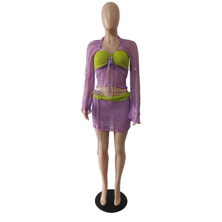 Glitter knitted long sleeve hollow out 3 piece mini skirt set  | Festival Outfits Women