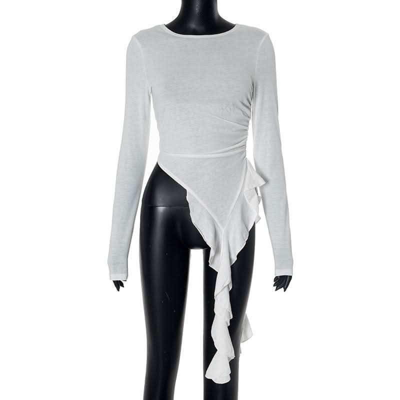 Long sleeve ruched irregular ruffle crewneck top-final-sale