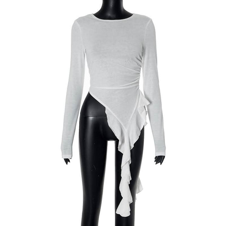 Long sleeve ruched irregular ruffle crewneck top-final-sale
