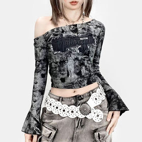 Long flared sleeve irregular tie dye one shoulder top  | Festival Outfits Women