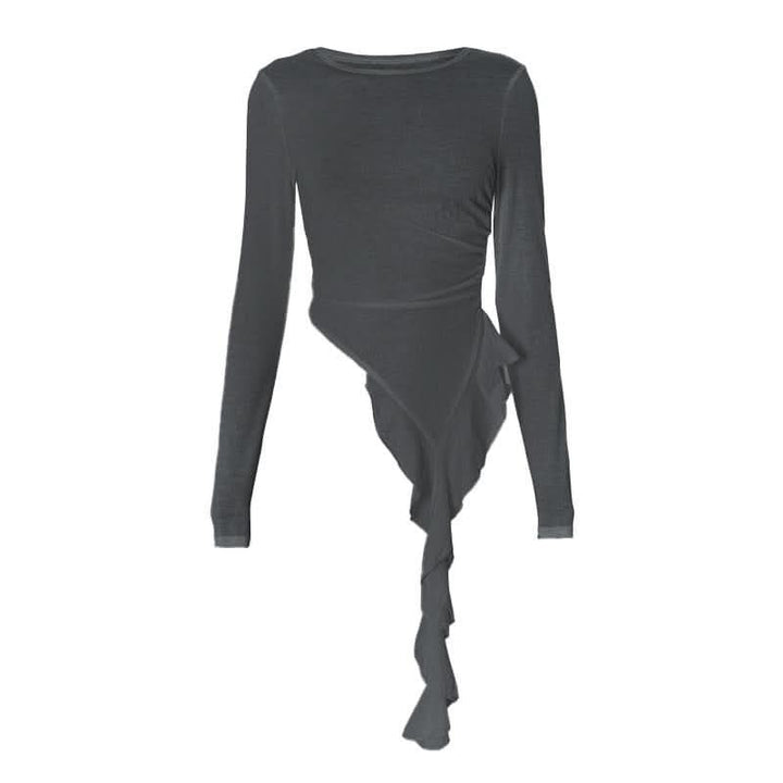 Long sleeve ruched irregular ruffle crewneck top-final-sale