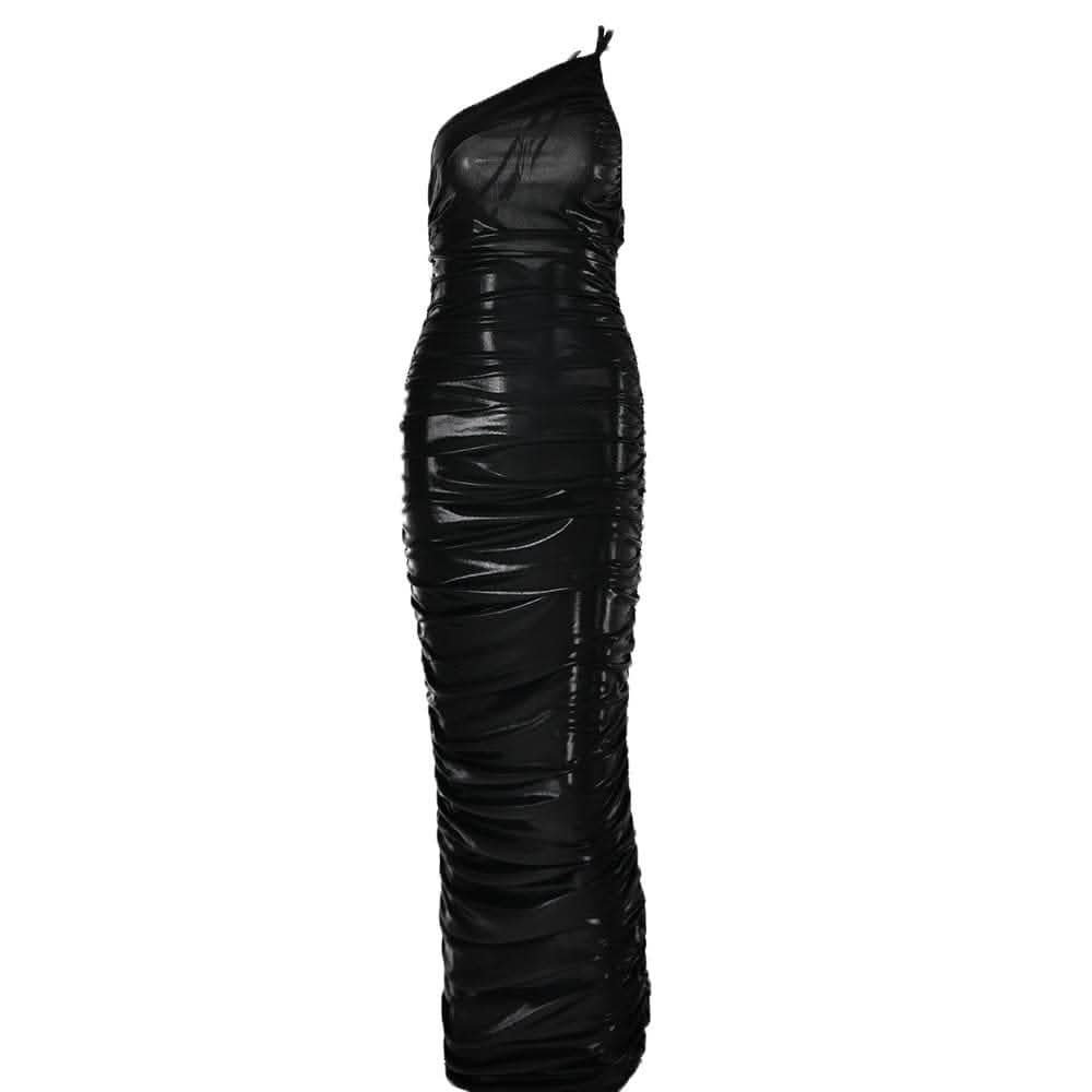 Metallic one shoulder solid ruched zip-up maxi dress-final-sale  | Festival Outfits Women