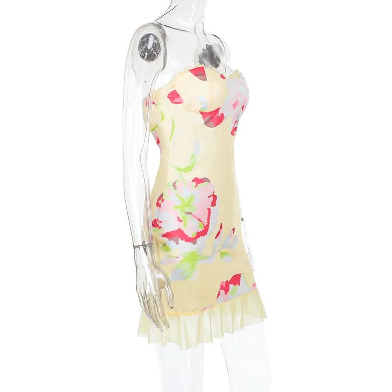 Mesh flower print sweetheart neck tube mini dress  | Festival Outfits Women