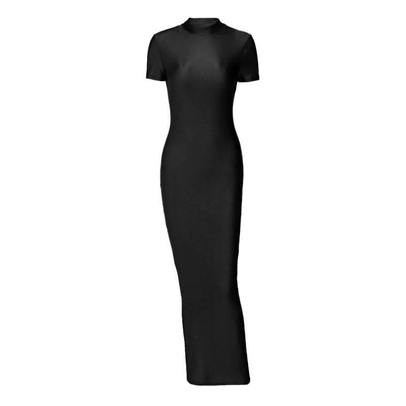 Short sleeve high neck slit solid maxi dress-final-sale  | Festival Outfits Women