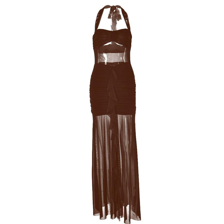 Halter patchwork mesh ruched ruffle maxi dress  | Festival Outfits Women
