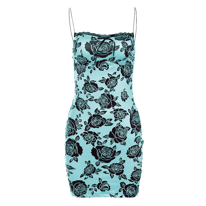 Rose print lace hem contrast spaghetti strap mini dress-final-sale