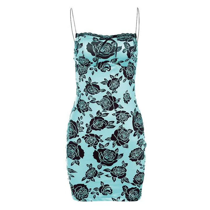 Rose print lace hem contrast spaghetti strap mini dress-final-sale