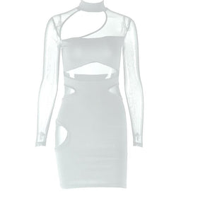 Long sleeve hollow out high neck mesh patchwork cut out mini dress  | Festival Outfits Women