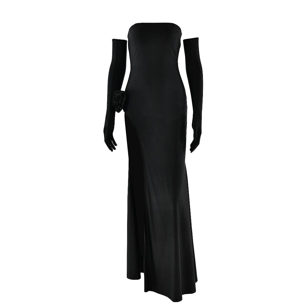 Off shoulder gloves flower applique high slit tube maxi dress  | Festival Outfits Women