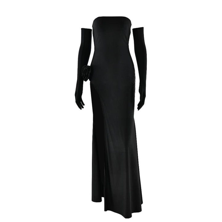Off shoulder gloves flower applique high slit tube maxi dress  | Festival Outfits Women