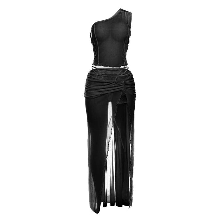 One shoulder high slit ruffle sheer mesh maxi skirt set-final-sale