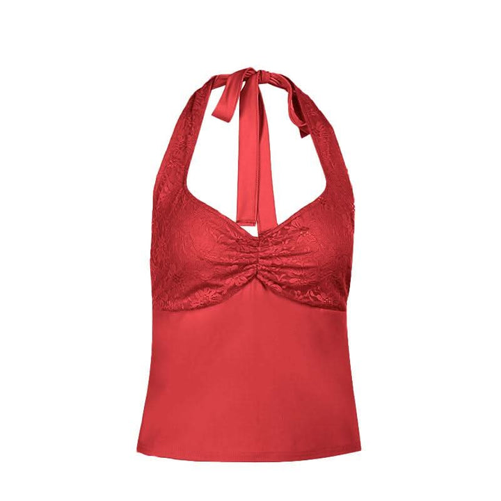 Halter self tie lace v neck ruched backless top  | Festival Outfits Women