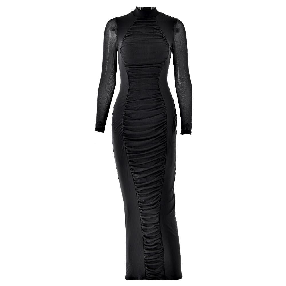 Long sleeve ruched mesh patchwork maxi dress  | Festival Outfits Women